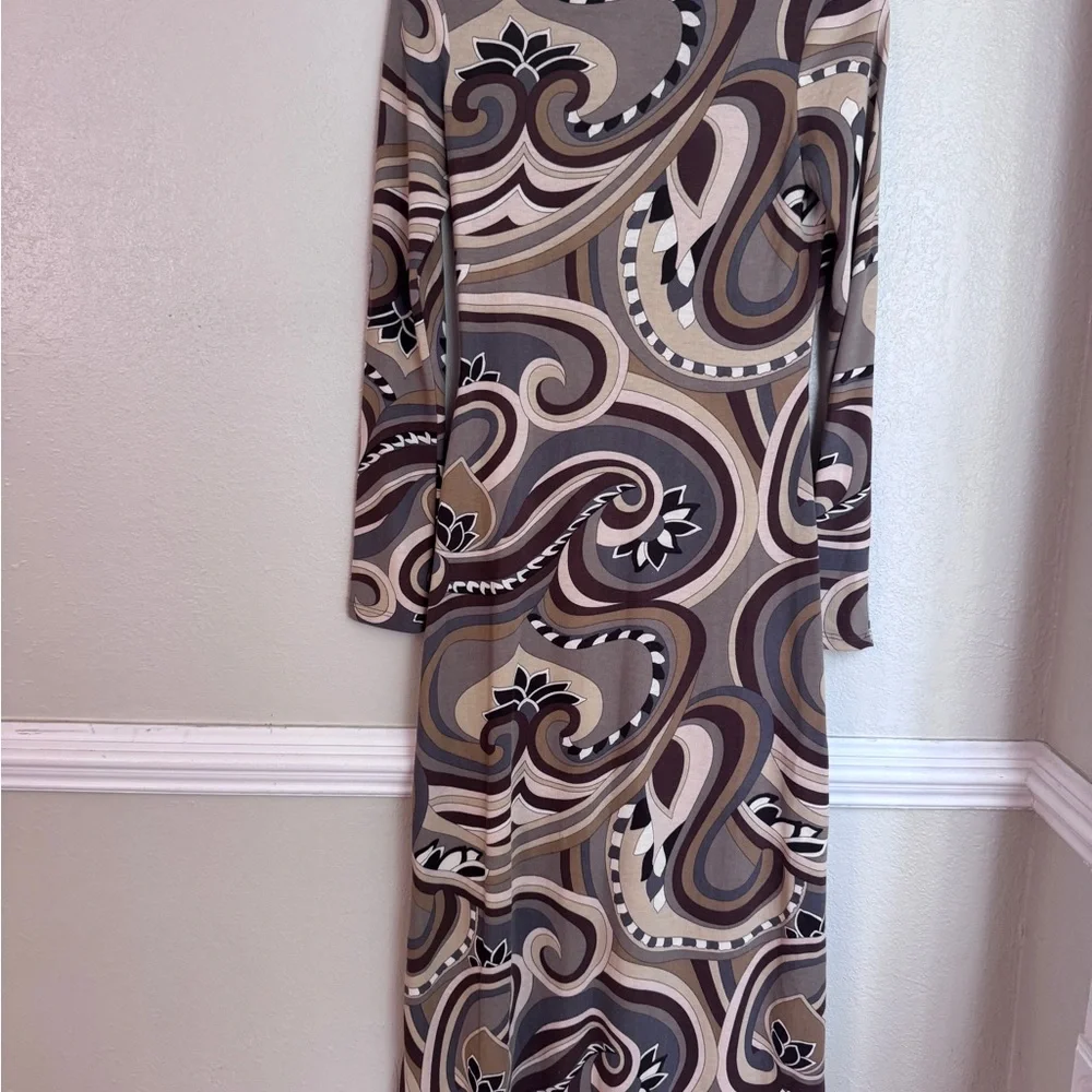 Zara Elegant Brown Patterned Long Sleeve Dress Medium - Picture 6 of 8